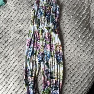 Posh Peanut Pastel Floral Smocked Jumpsuit in White and Multi